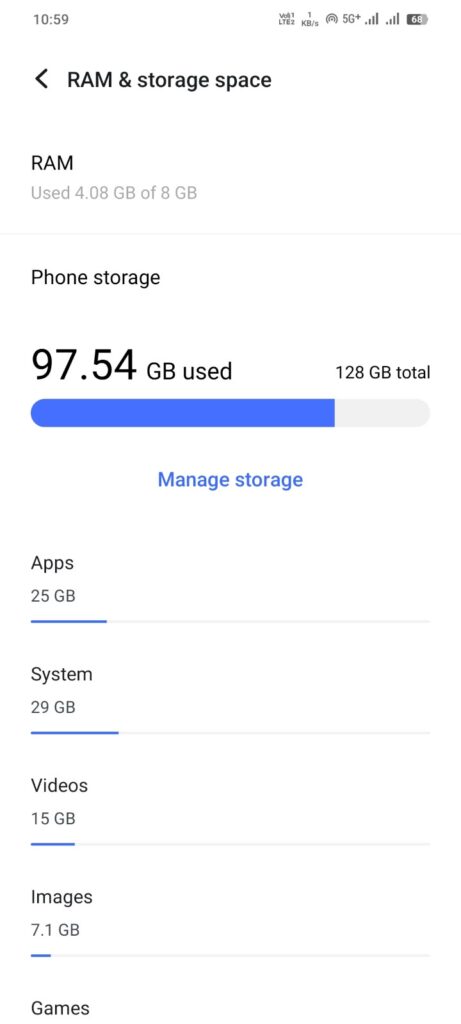 Android phone ki Storage Settings me Apps Videos Images aur System ka storage usage