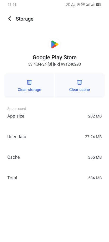 Android Google Play Store Storage settings me Clear cache aur Clear storage options
