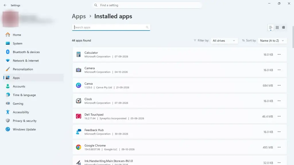 Windows 11 Installed apps settings me apps list aur uninstall menu