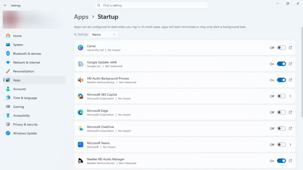 Windows 11 Apps Startup settings me startup apps ke On Off toggles