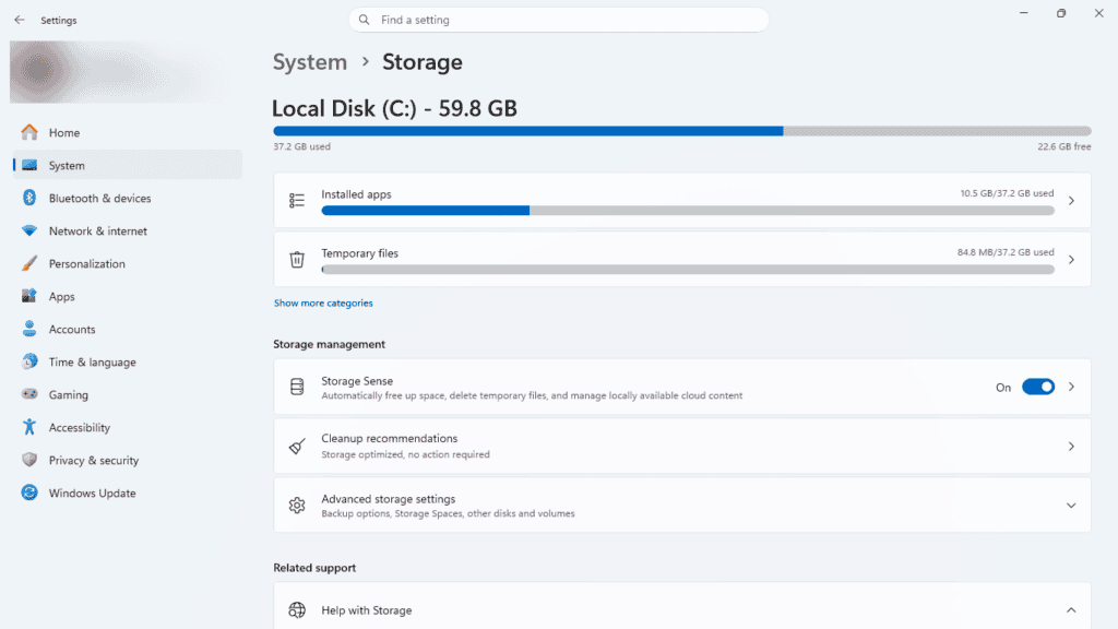 Windows 11 Storage settings me installed apps temporary files aur storage sense
