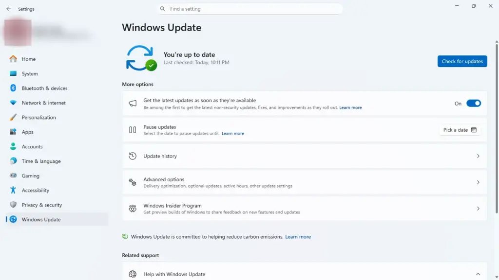 Windows 11 Windows Update settings me Check for updates button aur update options
