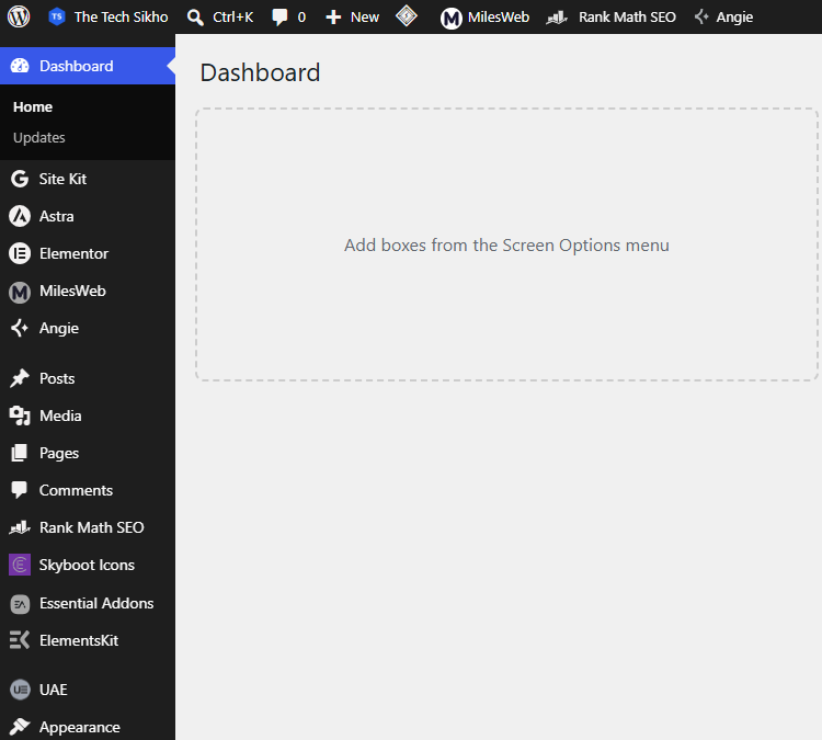 WordPress Dashboard ka real screenshot jisme Posts Media Pages aur Appearance menus dikh rahe hain