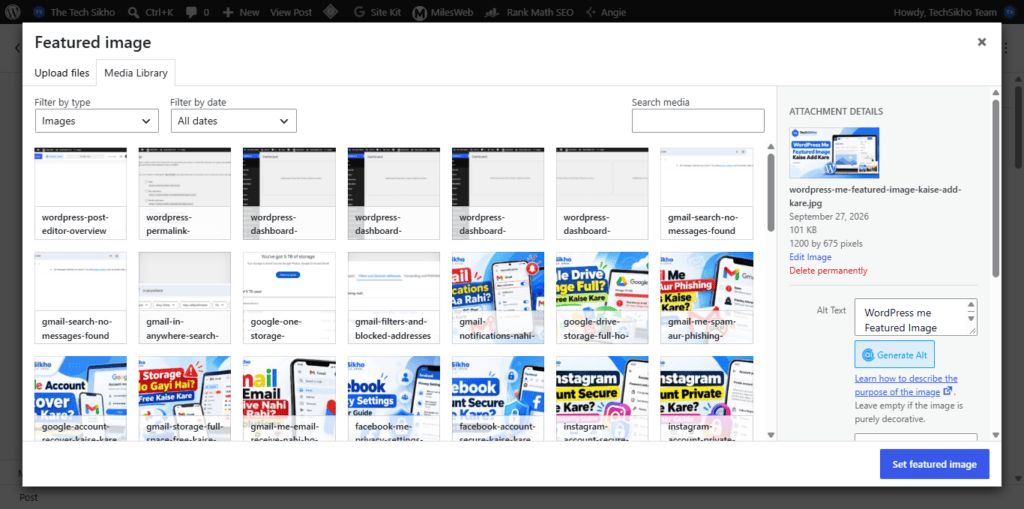 WordPress Media Library me featured image select karne ka screen