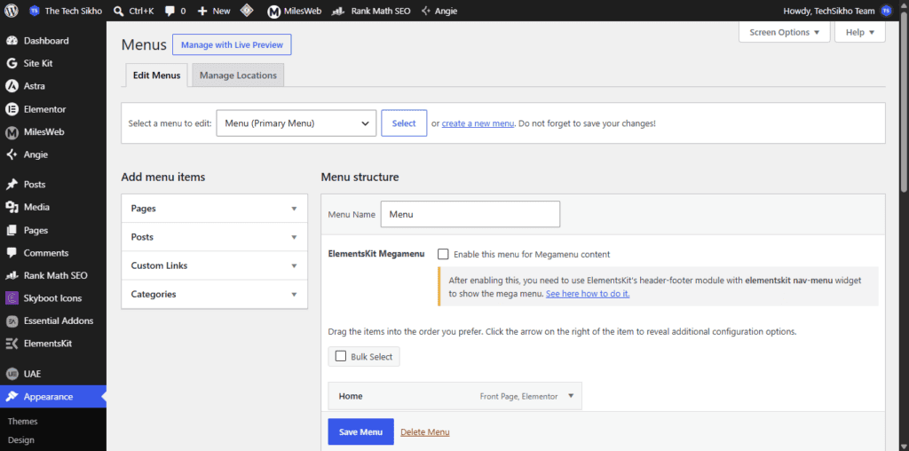 WordPress Appearance Menus screen me Add menu items aur Menu structure ka overview