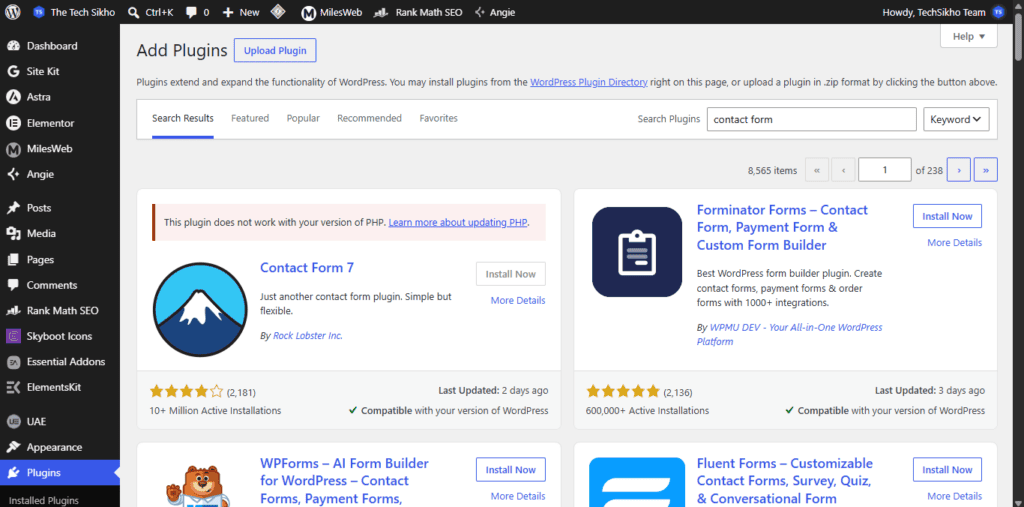 WordPress Add Plugins screen me contact form search results aur Install Now button