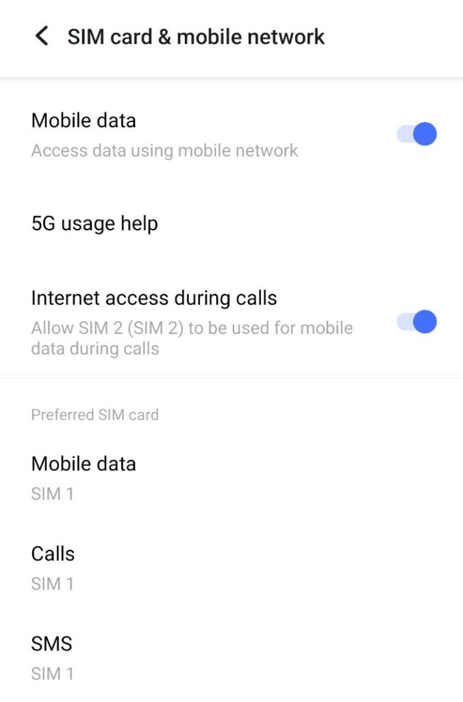 Android phone me SIM card aur mobile network settings screen with preferred SIM options