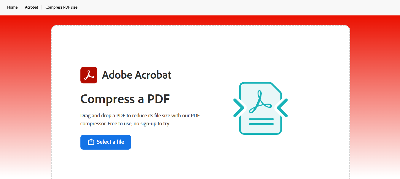 Adobe Acrobat online tool me Compress a PDF aur Select a file option