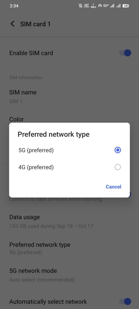 Android phone me Preferred network type settings ke 5G aur 4G options