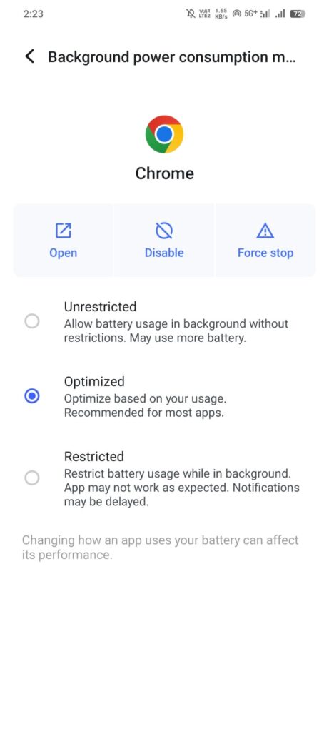 Android Chrome app ki background battery settings me Unrestricted Optimized aur Restricted options