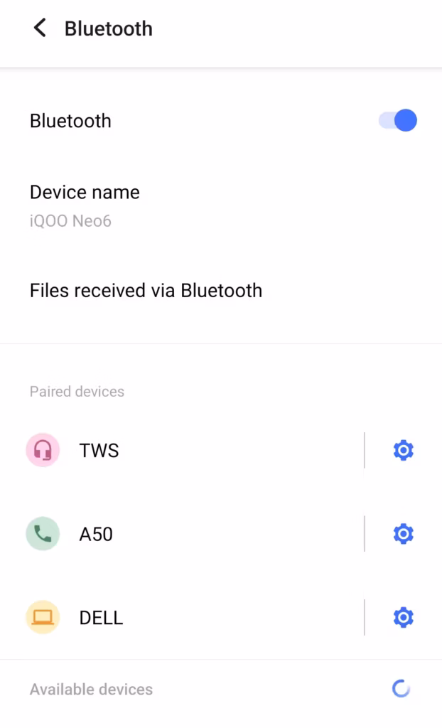 Android phone me Bluetooth ON aur paired devices ki settings screen