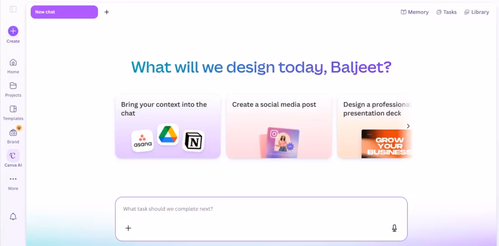 Canva AI interface me poster aur social media post banane ke liye design prompt box