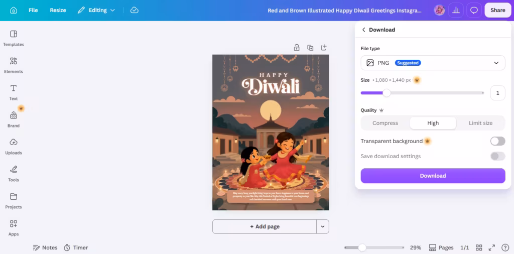 Canva poster ko PNG format me download karne ke liye file type aur quality settings