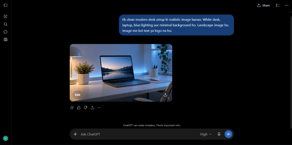 ChatGPT me desk setup ka image prompt aur usse generate hui realistic AI image