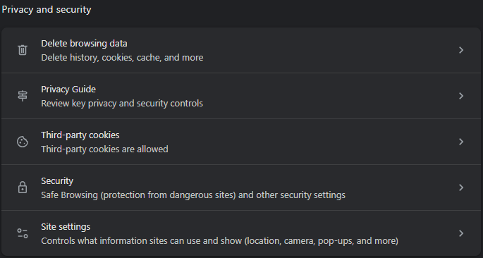 Google Chrome ke Privacy and security settings section ka screenshot