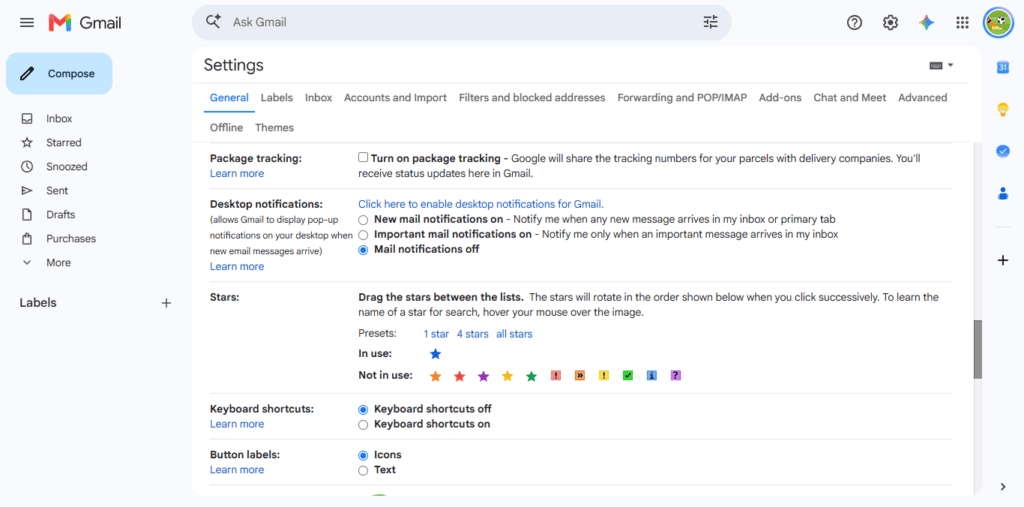 Gmail settings me desktop notifications ke options