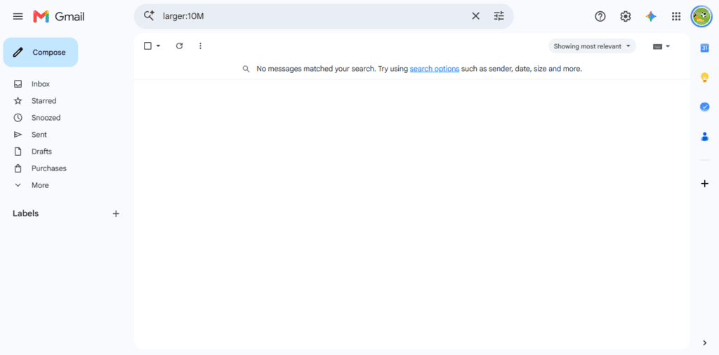 Gmail me larger 10M search karne par no messages matched your search ka example