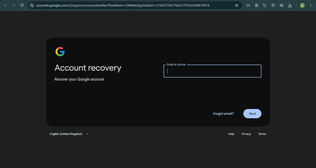 Google Account recovery page jahan email ya phone enter karke recovery shuru ki jati hai
