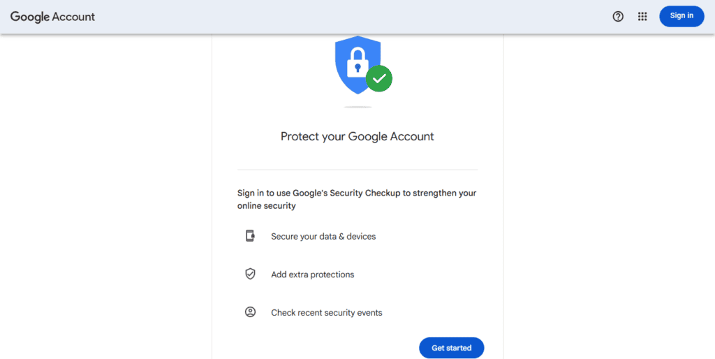 Google Security Checkup official page par Protect your Google Account aur Get started option