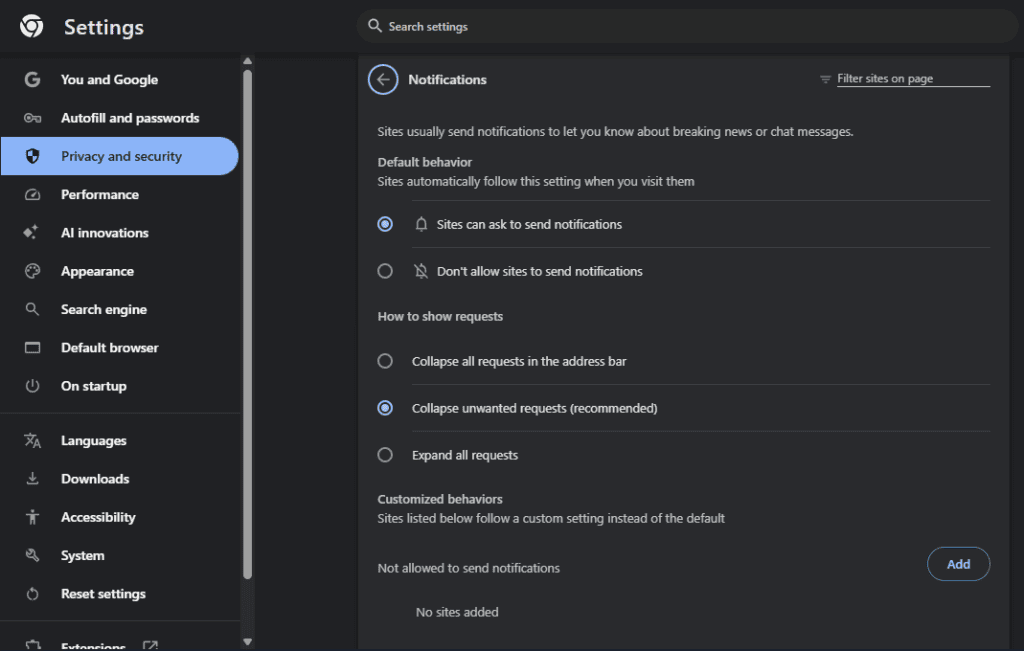 Google Chrome notifications settings me website notification options