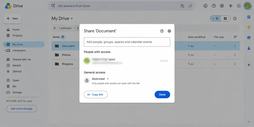 Google Drive share dialog me Restricted general access aur Copy link option ka real screenshot