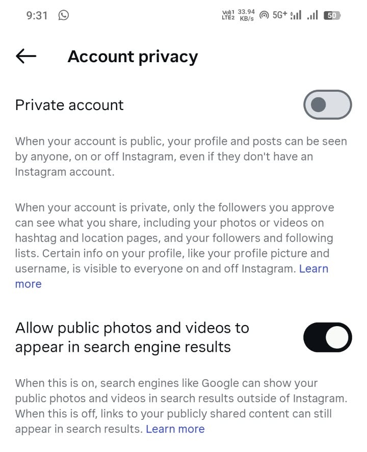 Instagram Account privacy screen me Private account option ka screenshot