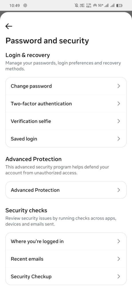 Instagram Password and security settings me Two-factor authentication aur Security Checkup options