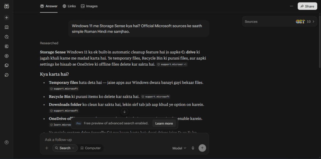 Perplexity AI me Windows 11 Storage Sense ka answer aur Microsoft sources ke citations
