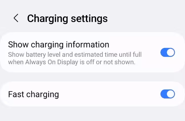 Samsung Galaxy A50 me Fast charging option ON dikhati Charging settings screen