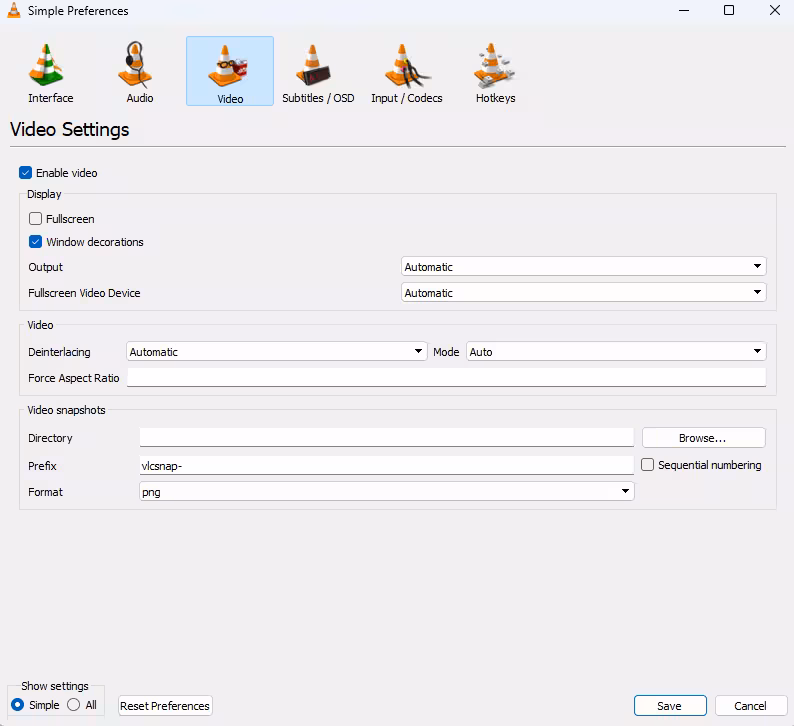 VLC Media Player ke Video settings me Output option Automatic par selected