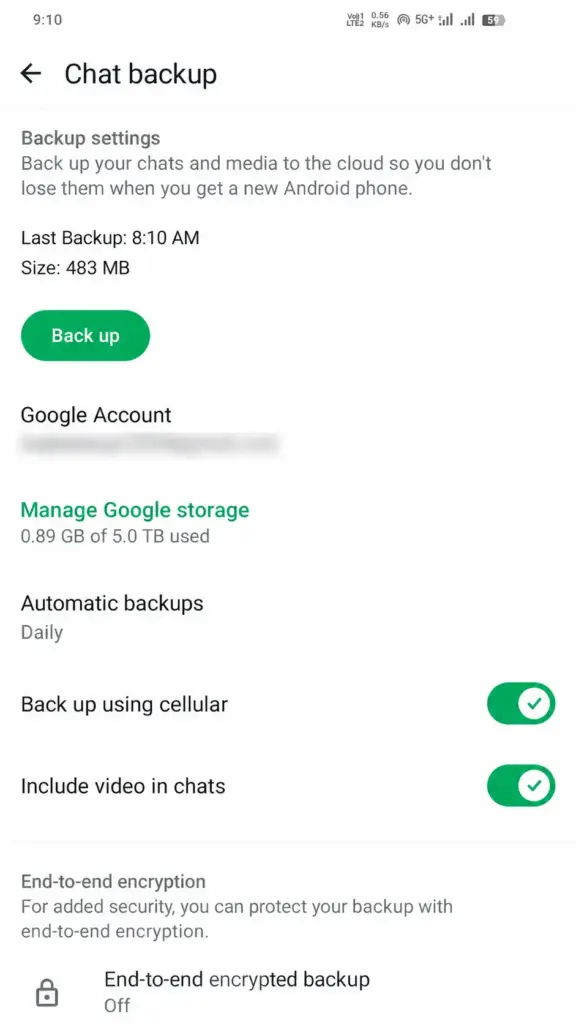 Android WhatsApp Chat backup settings screen with Back up button, Google Account and automatic backup options