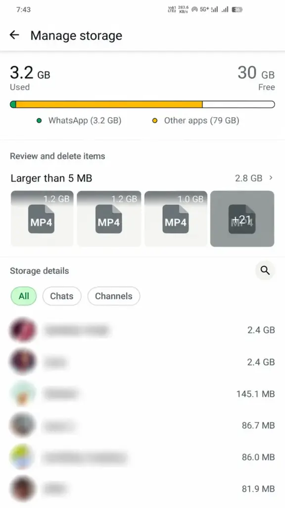 WhatsApp Manage Storage screen me storage usage large files aur chats ki storage details