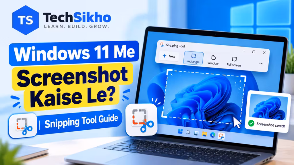 Windows 11 me screenshot kaise le - Snipping Tool guide with TechSikho logo