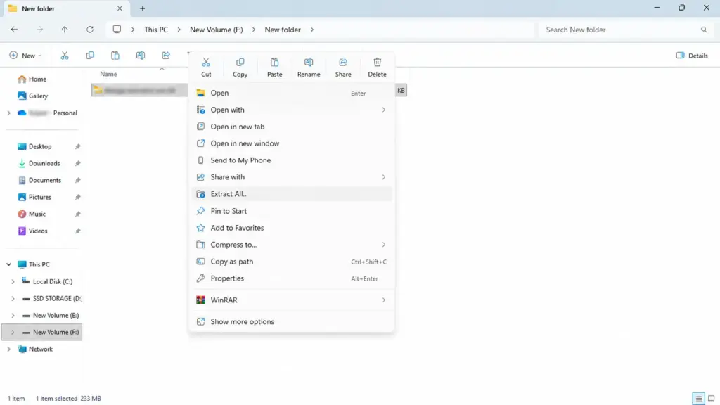 Windows 11 File Explorer me ZIP file par right click karne ke baad Extract All option ka screenshot