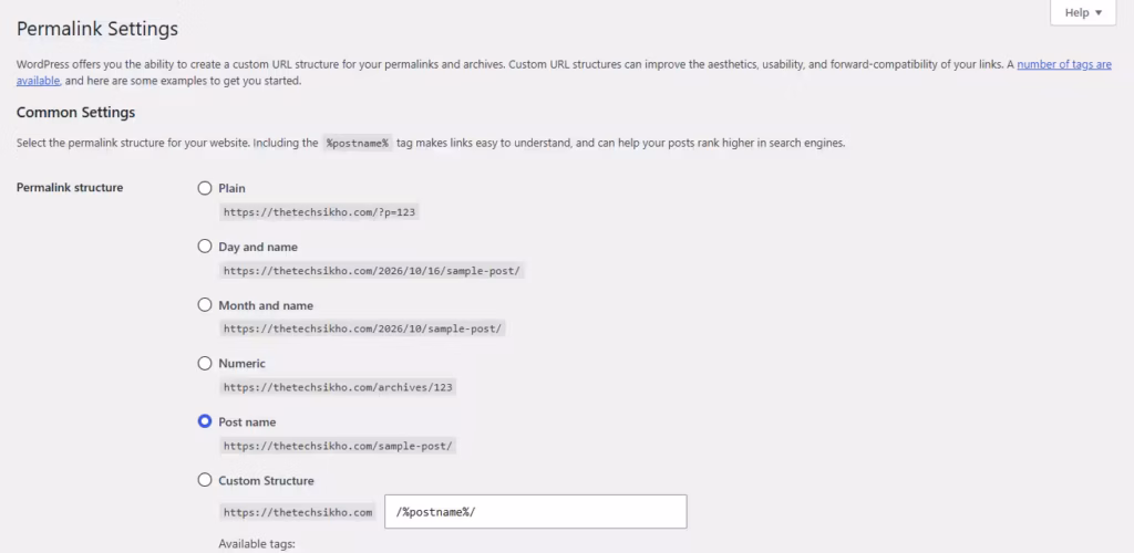 WordPress Permalink Settings me Post name URL structure selected