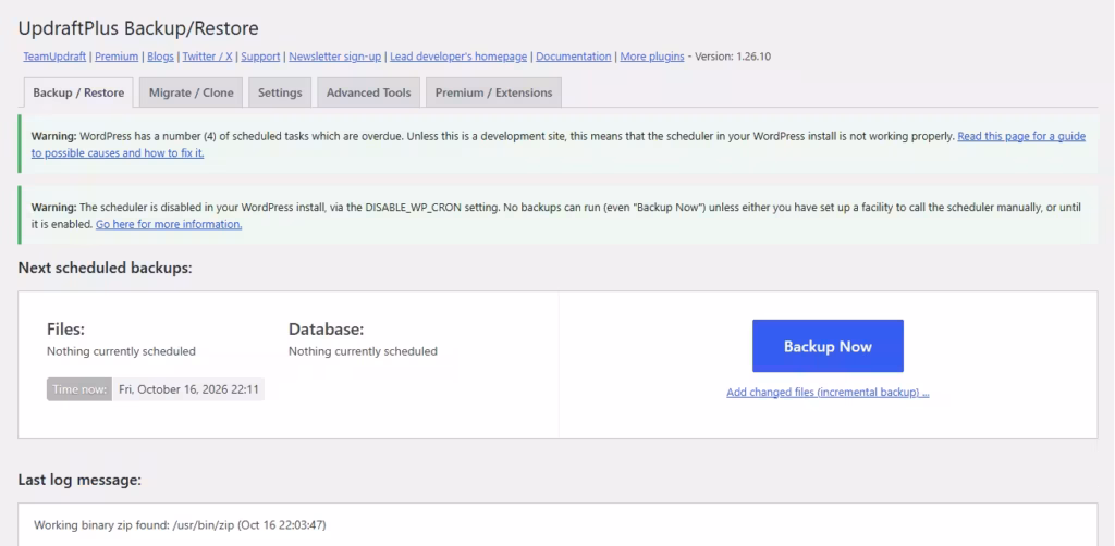UpdraftPlus plugin me WordPress website ka manual backup lene ke liye Backup Now button