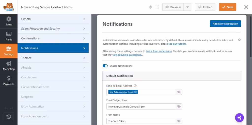 WordPress WPForms Lite me contact form notifications settings screen